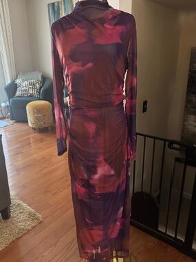 Long Sleeve Mesh Dress in Purple Pink Abstract- L, NWT